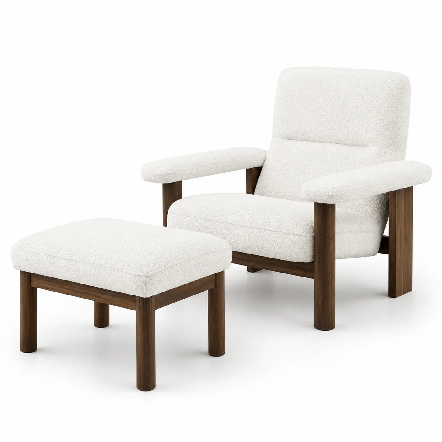 Sessel-Set aus Walnussholz und Bouclé-Stoff
