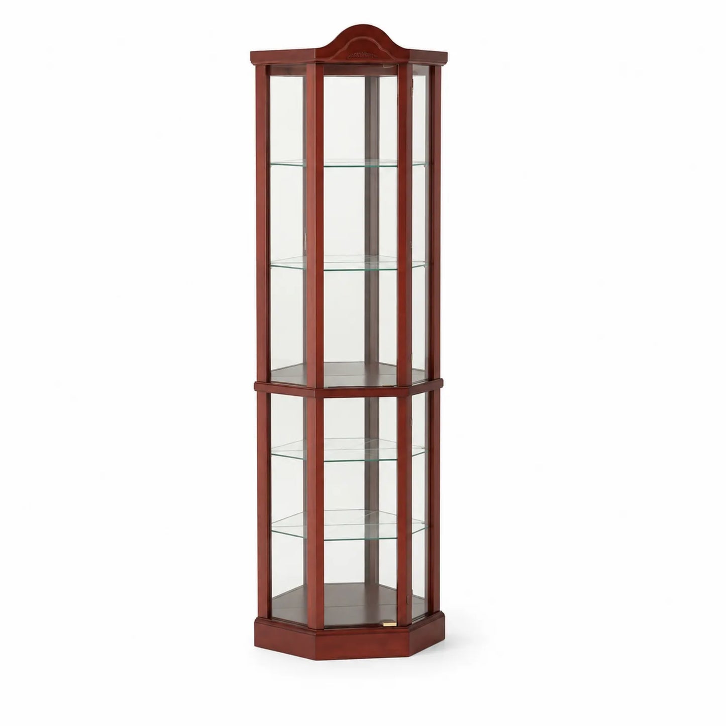 Eckvitrine aus Holz und Glas mit 5 Ebenen