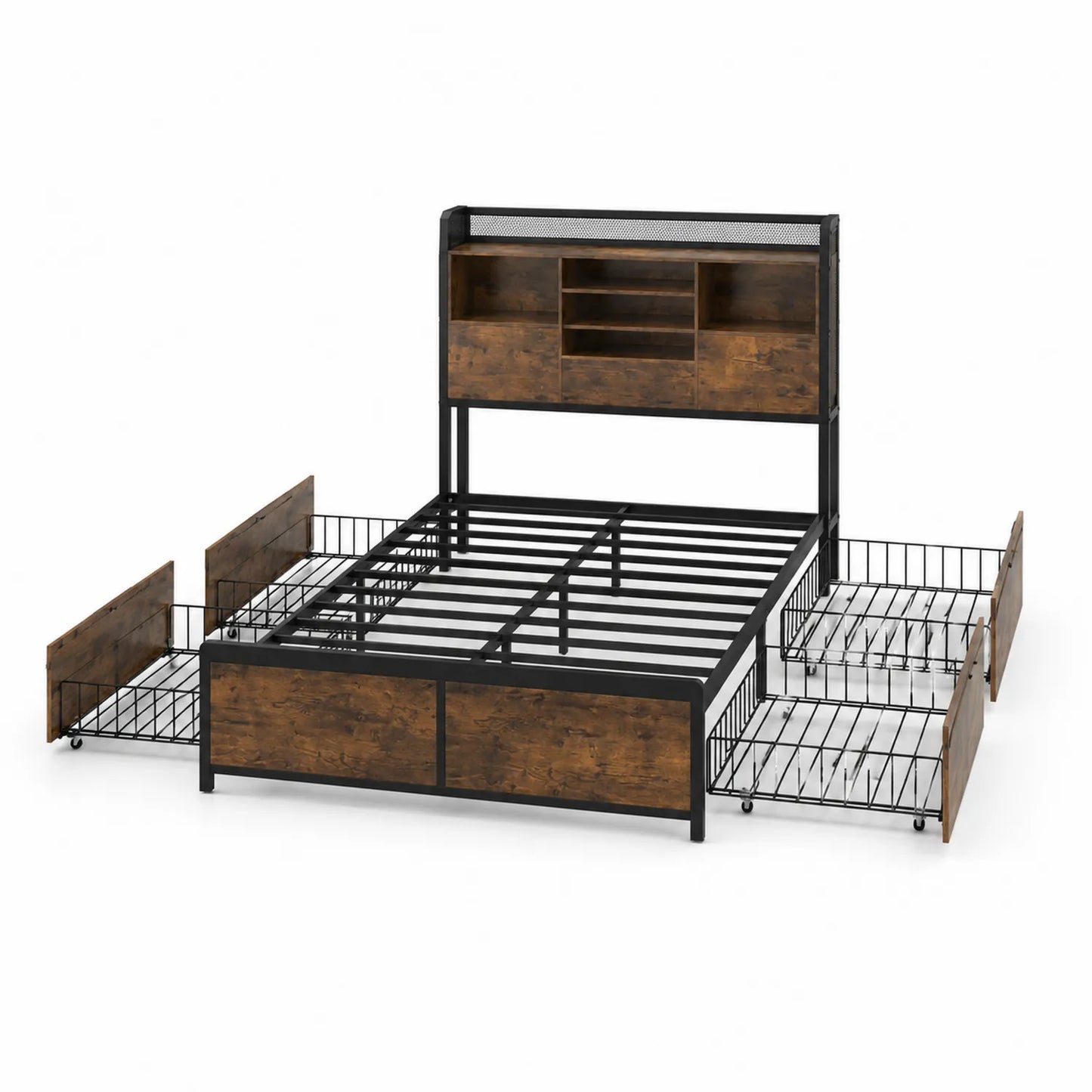 Metallbett mit Stauraum und Holzmaserung 200x160 cm