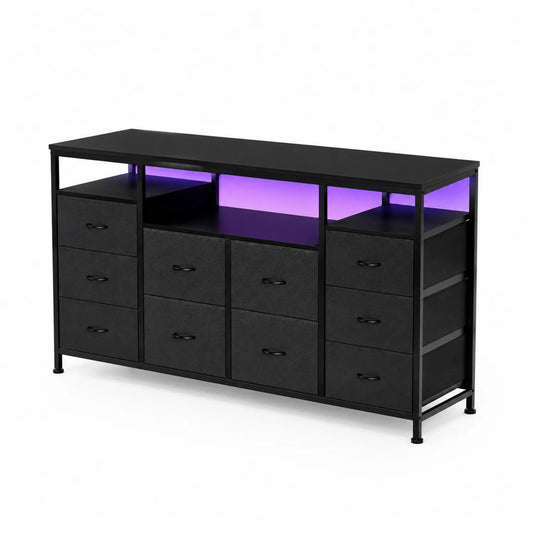 TV-Schrank mit LED-Beleuchtung, 9 Schubladen, Schwarz