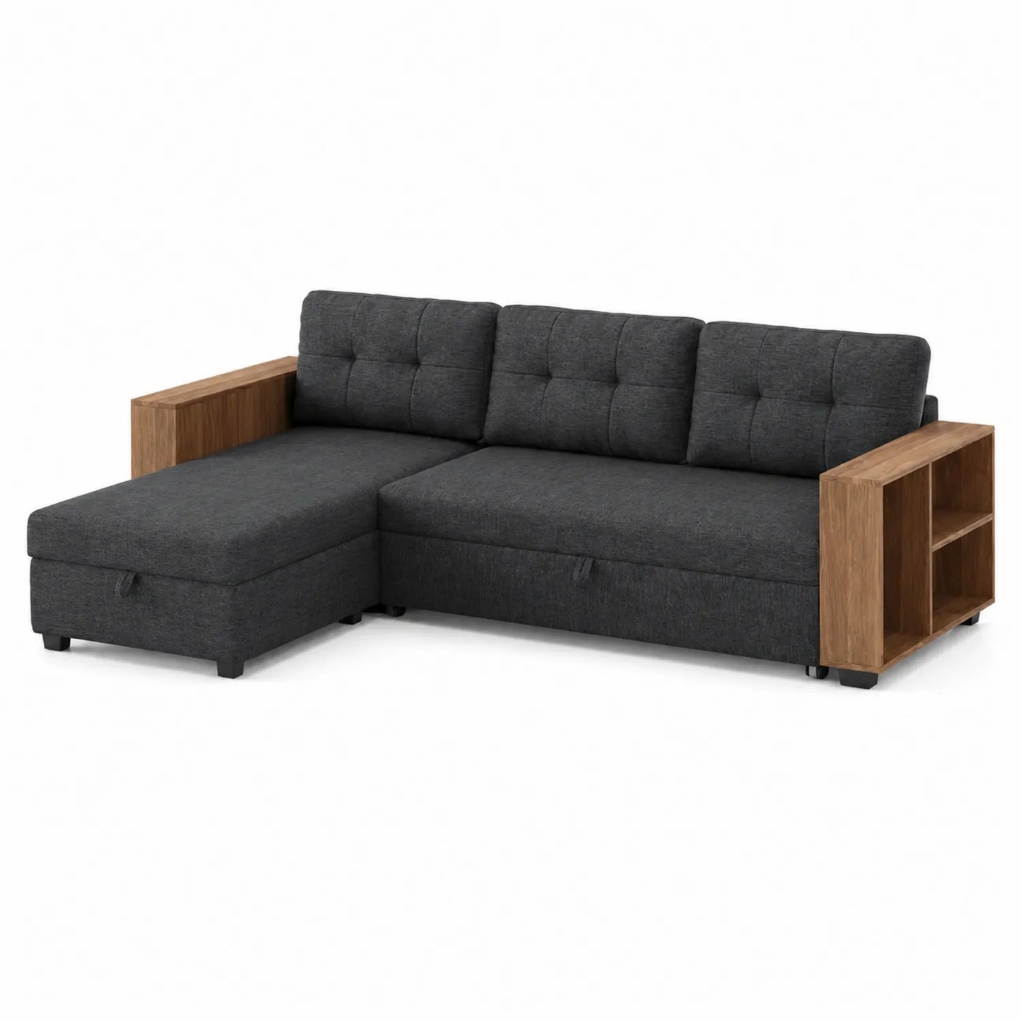 Ecksofa Stoff L-Form Anthrazit mit Holz Regal