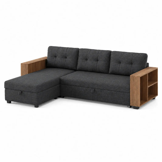 Ecksofa Stoff L-Form Anthrazit mit Holz Regal