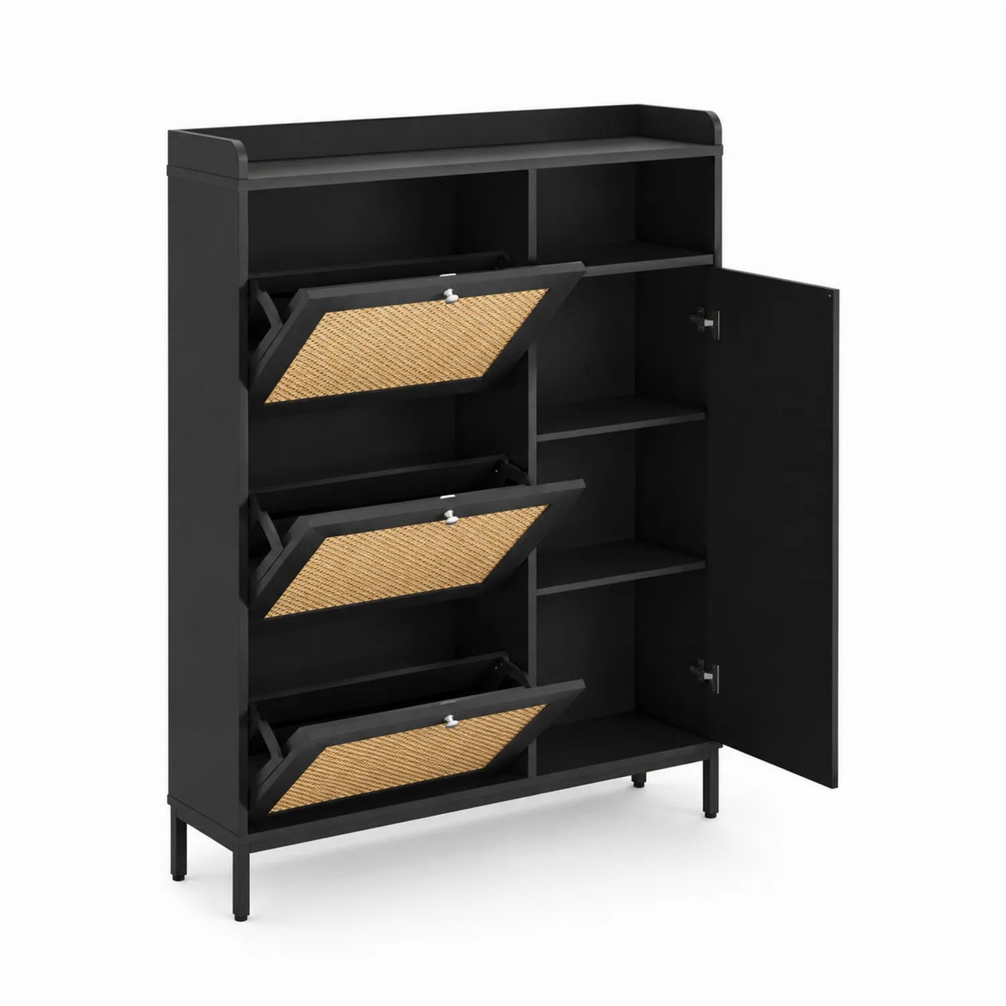 Schuhschrank Schwarz, Rattangeflechtklappen, 120x100x35 cm
