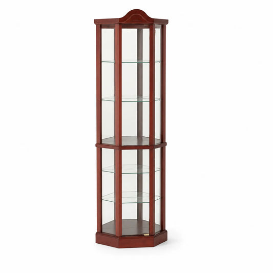 Eckvitrine aus Holz und Glas mit 5 Ebenen