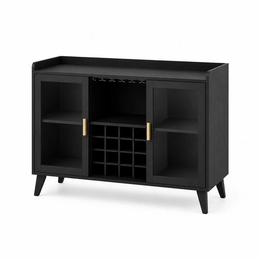 Schwarzes Holz-Sideboard mit Weinregal und Glastüren - 120cm