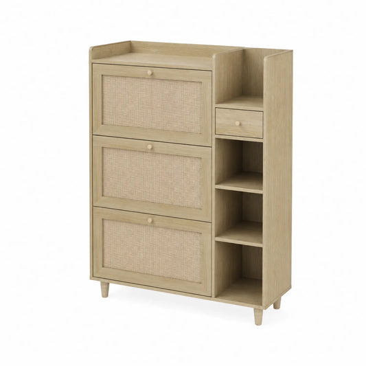Schuhschrank aus Eichenholz mit Geflechtfronten Beige 120x80x30 cm