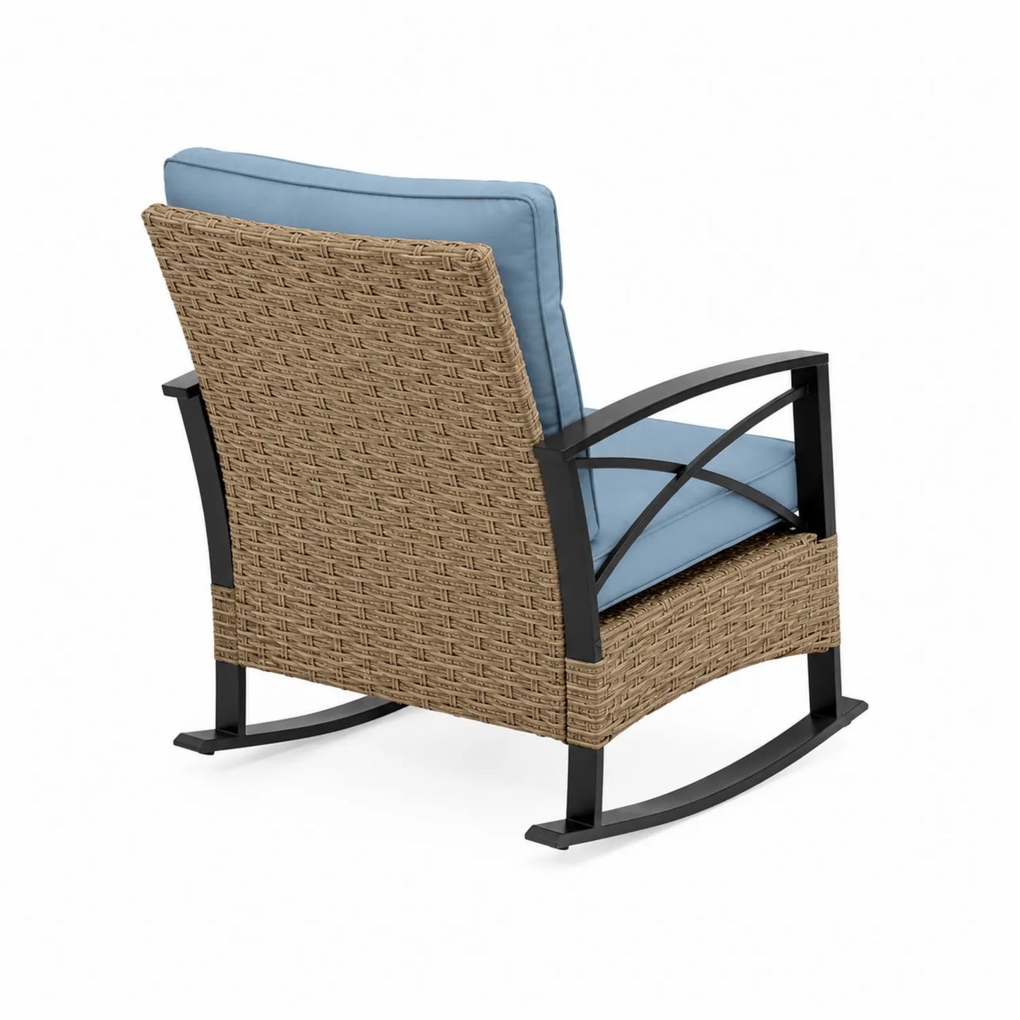 Schaukelstuhl aus Polyrattan mit Stahlrahmen und blauen Kissen
