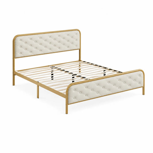 Metallbettgestell Gold Beige mit Kunstleder-Kopfteil 200x160cm