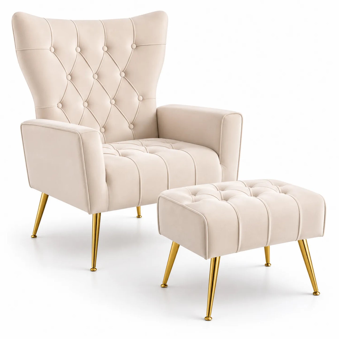 Sessel mit Hocker Samt Beige Metallbeine