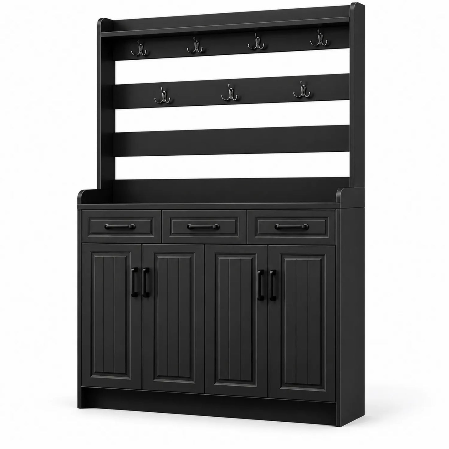 Schwarzer Garderobenschrank aus Holz mit Haken und Schubladen