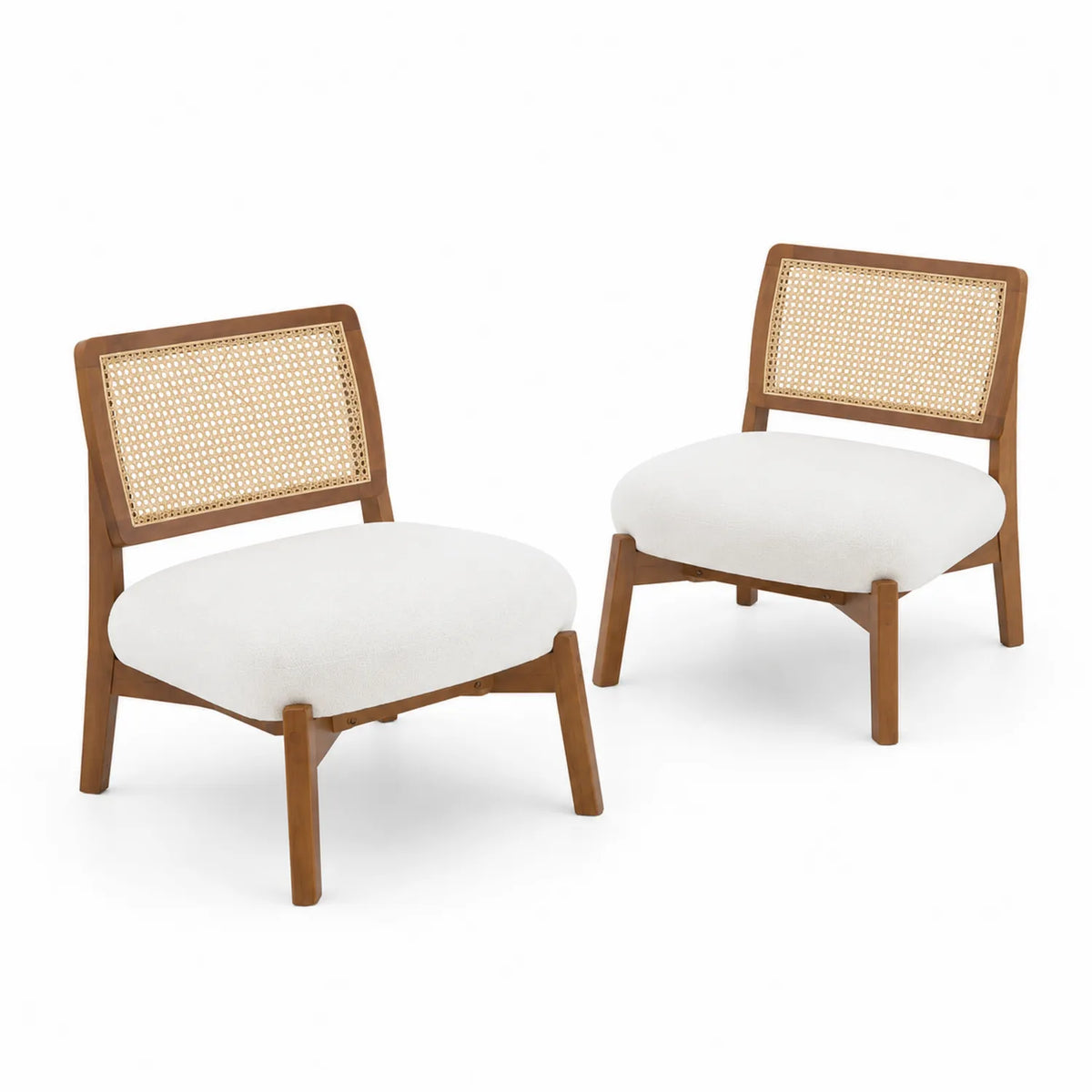 2er-Set Holzstühle mit weißem Stoff und Rattan-Rückenlehne