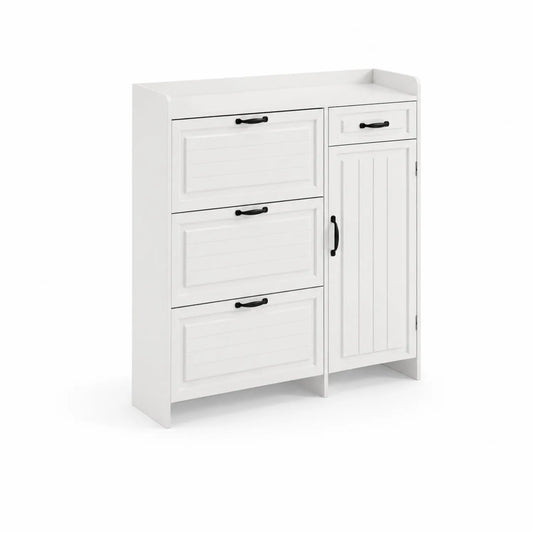 Schuhschrank aus MDF mit 3 Klappen und 1 Tür, Weiß, 120x30x98 cm